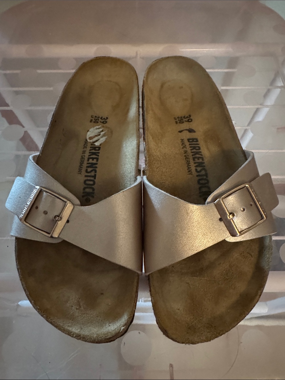 Birkenstock Women’s Metallic rose gold  Single-Band Slide Sandals